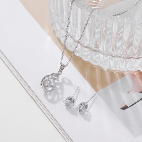 Minimalist Copper Zirconia Jewelry Set Spiral Teardrop Hollow Pendant Necklace Stud Earrings Silver Color Jewelry For Women