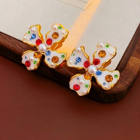 Vintage Palace Style Flower Earrings With Multi Color Rhinestones Enamel Faux Artificial Pearls 925 Sterling Silver Earring Post