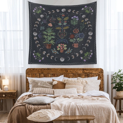 Arazzo Da Parete Fasi Lunari Floreale Boemo Estetico Vintage Stampa Di Piante Poliestere Per Arredo Camera Da Letto