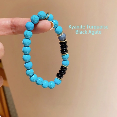 Bohemian Beaded Bracelet With Blue Crystal Black Agate Green Stone Geometric Round Beads Vintage Ethnic Style Jewelry