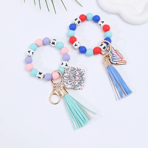 Pulsera Llavero De Cuentas De Silicona Con Borla De Cuero PU Cierre De Aleación Cuentas Letras Mama Regalo Día De La Madre Para Mujeres