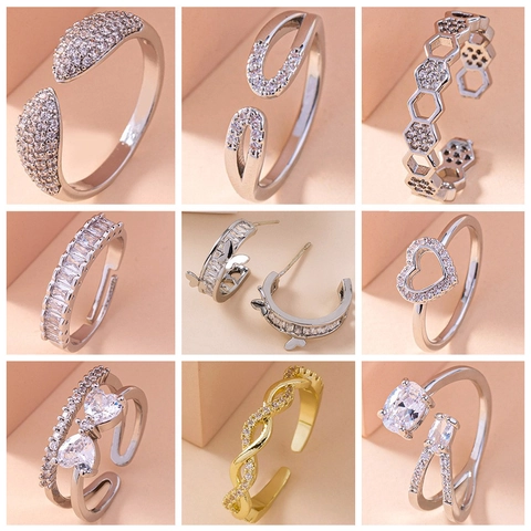 Kupfer Zirkon Ringe Für Damen Mikro Pave Cubic Zirkonia Herz Honigwabe Blatt Verstellbar Offen Design Modeschmuck Elegant