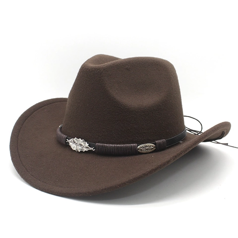 Western Cowboy Hat Felt Woolen Wide Brim Metal Leaf Feather Accessory Vintage Ethnic Style For Men Women