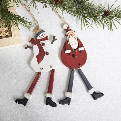 Decorazioni Natalizie Appese In Legno Dipinto Babbo Natale Pupazzo Di Neve Gamba Lunga Mobile Corda Di Juta Campanello Di Metallo