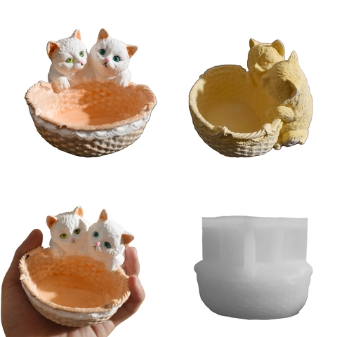 Siliconen Vorm Kattenkoppel In Geweven Mand Voor Handgemaakte Kaarsenhouder DIY Gipshouder