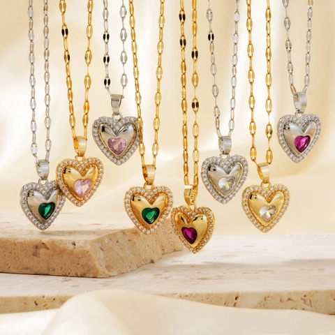 Stainless Steel Heart Pendant Necklace For Women Copper Base Colorful Rhinestone Pave Elegant Jewelry Fashion Twisted Chain Gift