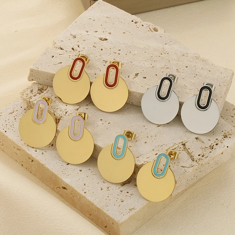 Geometric Round Stud Earrings Stainless Steel Colorful Enamel Minimalist Retro Fashion Jewelry For Women