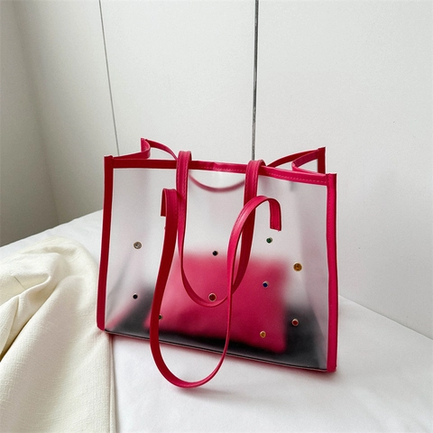 Transparent PVC Tote Bag With Colorful Rivets And Inner Pouch Waterproof Clear Summer Shoulder Bag For Women
