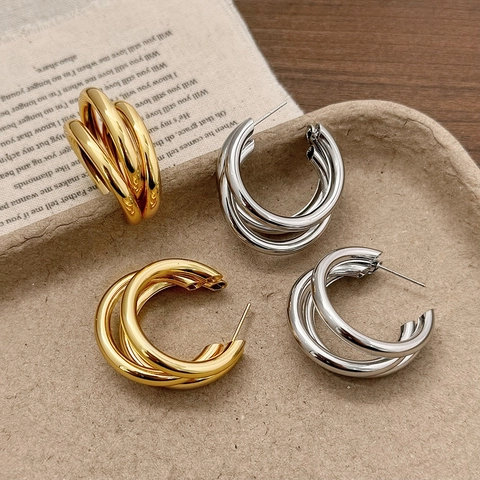 Triple Hoop Earrings With 925 Sterling Silver Earring Post C-Shape Geometric Copper Metal Polished Jewelry For Women