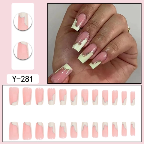 Unghie Finte French Wave Patchwork Forma Quadrata Linea Glitter Rosa Crema Bianco Unghie Riutilizzabili Per Donne