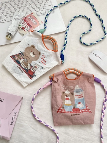 Mini Tote Schultertasche Oxford Canvas Cartoon Bär Stickerei Geflochtener Seilgurt Für Frauen Mädchen Studenten Süß Lässig