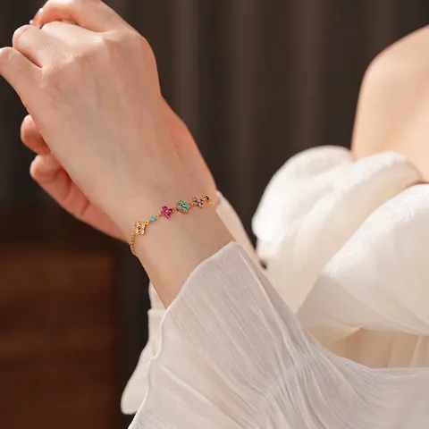 Pulsera Flor Cobre Chapado Oro Zircón Colorido Trébol Elegante Joyas Moda Para Mujeres Ajustable Chic Regalo