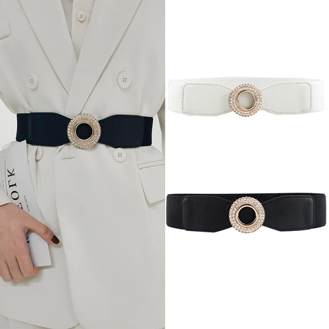 Cintura Corsetto Elastica Da Donna Pelle PU Fascia Larga Elastica Fibbia Rotonda Dorata Con Strass Elegante Versatile