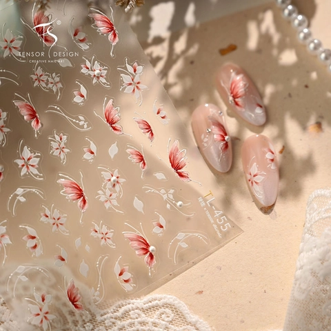Adesivi Unghie Rilievo 5D Farfalla Rossa Bianca Disegni Fiori Decalcomanie Autoadesive Per Decorazione Manicure