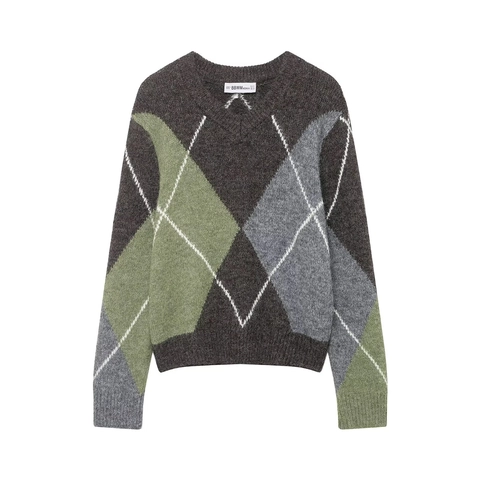 Vintage Argyle Strickpullover Damen Langarm Pullover Geometrisches Muster Retro Lässig Weich Warm Polyester Oberteil