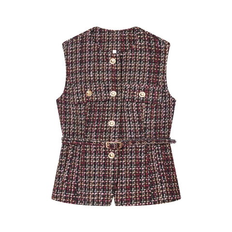 Gilet In Tweed Donna Scozzese Girocollo Senza Maniche Elegante Vintage Monopetto Con Cintura Bottone Dorato