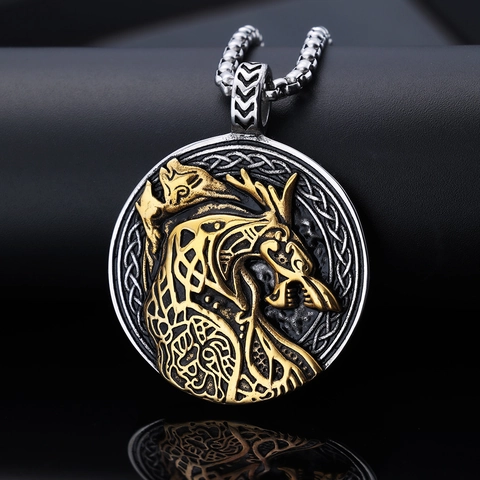 Collar Colgante Cabeza De Lobo Vikingo Acero Inoxidable 316L Tótem Celta Negro Oro Bicolor Relieve Joyería Hombre