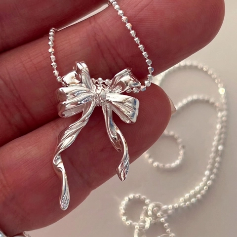 Collana Con Pendente A Fiocco Argento Sterling 925 Catena A Sfere Regolabile Gioielli Minimalisti Donna