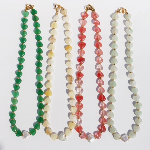 Handmade Natural Stone Heart Beaded Necklace With Mother Of Pearl Heart Pendant Baroque Style Clavicle Chain Jewelry For Women