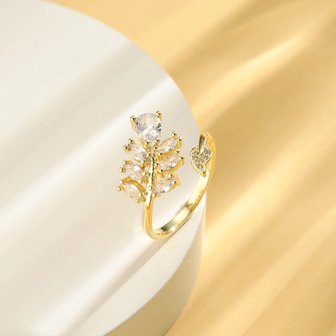 Anillo Abierto Con Forma De Hoja Cobre Con Micro Pavé De Circón Joyería De Moda Ajustable Para Mujeres Accesorios Elegantes