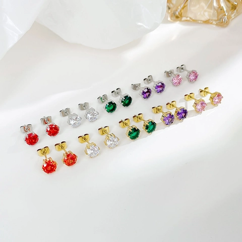 Round Cut Cubic Zirconia Stud Earrings Titanium Steel Six-Prong Setting Minimalist Luxury Elegant Jewelry For Women
