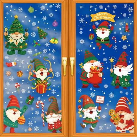 Christmas Window Stickers PVC Static Cling Gnomes Snowflakes Glass Decals For Holiday Party Home Decoration