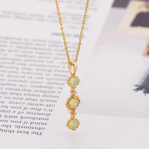 Collar Con Colgante Vertical De Tres Piedras De Plata De Ley 925 Chapado En Oro De 14K Prehnita Natural Circón Joyería Para Mujeres