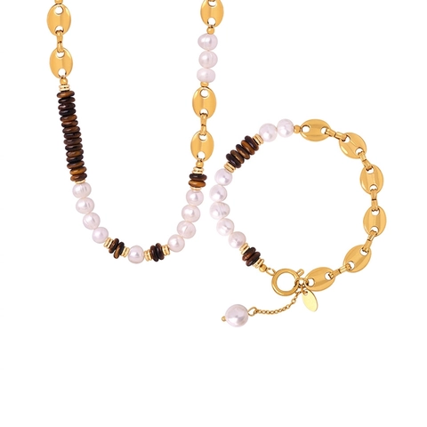 Retro Freshwater Pearl Tiger Eye Titanium Steel Gold Plated Necklace And Bracelet Pig Nose Chain Jewelry Collection