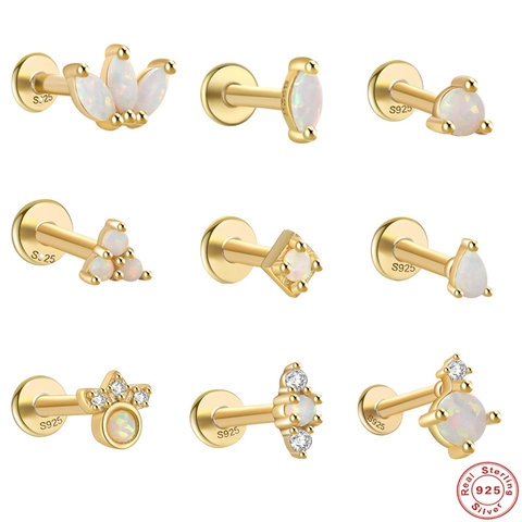 925 Sterling Silver Opal Zirconia Stud Earrings Gold Silver Plated Geometric Flat Head Piercing Ear Bone Jewelry For Women