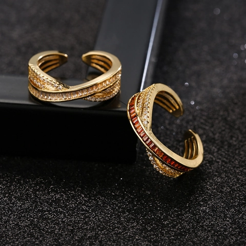 Fashion Adjustable Copper Ring For Women With Colorful Baguette Zirconia Interlaced Design Luxury Light Jewelry Gift