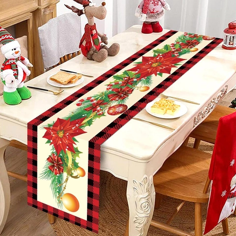 Christmas Table Runner Polyester Buffalo Plaid Poinsettia Bell Holiday Party Kitchen Dining Decor Festive