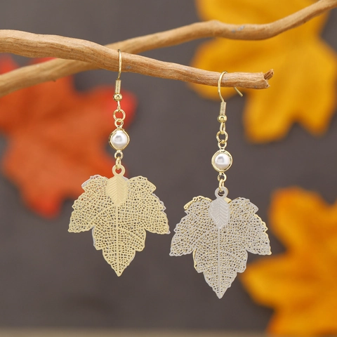 Hollow Maple Leaf Dangle Earrings Alloy Faux Artificial Pearl Thanksgiving Autumn Gold And Silver Tone For Women