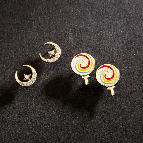 Copper Gold Plated Stud Earrings With Zircon Star Moon And Colorful Enamel Lollipop Sweet Jewelry For Women