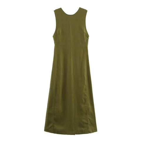 Damen Ärmelloses Leinen-Midikleid Sexy Rückenfrei V-Ausschnitt A-Linie Sommer Casual Hohe Taille Einfarbig Kleid