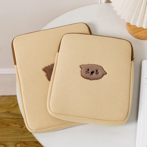 Schattige Kat Borduurwerk Laptophoes Tablet Tas Polyester Schokbestendig Beschermhoes Crèmewit Ins Stijl Voor Notebook