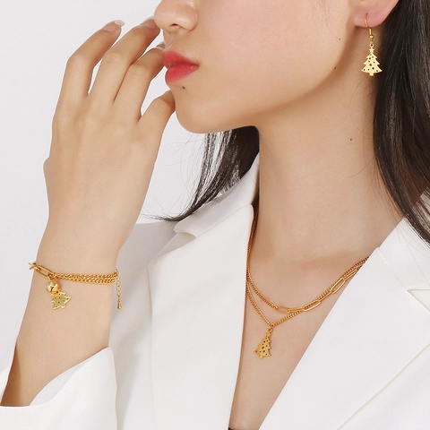 Stainless Steel Christmas Tree Jewelry With Bell Layered Necklace Bracelet Earrings Festive Fashion For Women