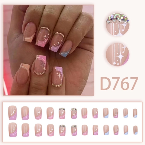 Square Press On Nails French Gradient Pink Purple Blue With Starry Sky Pattern And Rhinestones For Women Daily Manicure