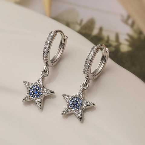 European Style Copper Gold Plated Zirconia Evil Eye Pentagram Drop Earrings For Women Light Luxury Star Jewelry