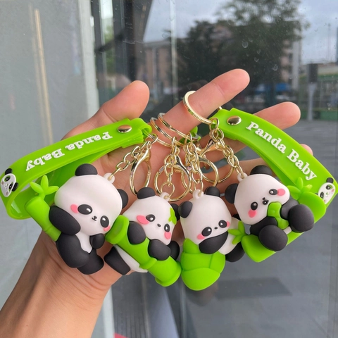 Cute Cartoon Panda Keychain PVC Silicone Animal Bag Pendant Backpack Accessory With Wrist Strap Golden Metal Ring