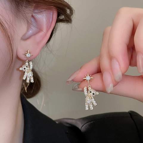 Süße Bär Hängerohrringe Legierung Straß Stern Deko Mit Silbernem Ohrstecker Süßer Modeschmuck Für Damen