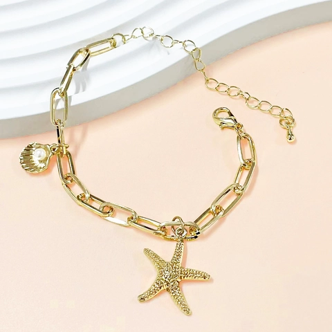 Pulsera de Aleación en Tono Dorado de Moda para Mujer Con Dijes de Estrella de Mar y Concha Perla Artificial Joyería de Estilo Marino