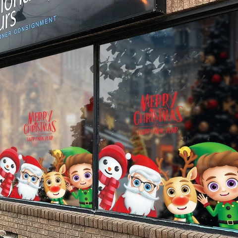 Christmas Window Stickers Static Cling Decals PVC Removable Santa Claus Snowman Reindeer Cartoon Glass Door Holiday Decor