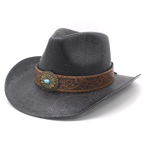 Chapeau De Cow-Boy En Paille Protection Solaire Respirant Plage Été Vintage Avec Bande En Cuir Turquoise Unisexe