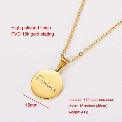 Collar Con Colgante Redondo Grabado Fearless Minimalista Acero Inoxidable 304 Chapado En Oro 18K Joyería Inspiradora