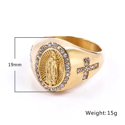 Anello Da Uomo In Acciaio Al Titanio Retro Religioso Rilievo Vergine Maria Croce Strass Intarsiato Stile Hiphop Gioielli