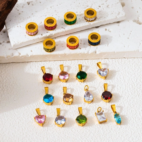 18K Gold Plated Stainless Steel Colorful Zirconia Pendant Necklace For Women Elegant Heart Round Geometric Gemstone Inlaid Jewelry