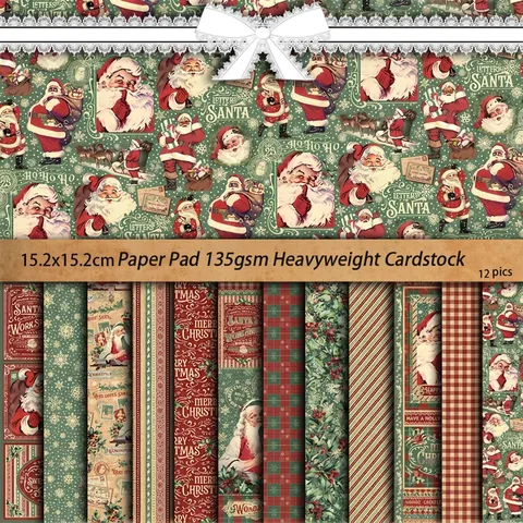 Vintage Christmas Scrapbook Paper Material Retro Santa Claus Pattern Cardstock Diy Journal Collage Decoration Arts Crafts