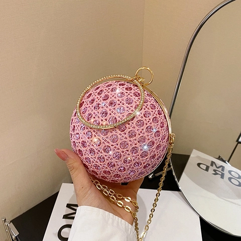 Women Spherical Evening Bag Rhinestone Glitter Round Clutch With Metal Ring Handle And Detachable Chain