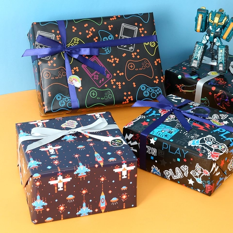 Carta Regalo Tema Gioco Motivo Controller Pixel Neon Carta Patinata Per Festa Compleanno Ragazzo Fai Da Te