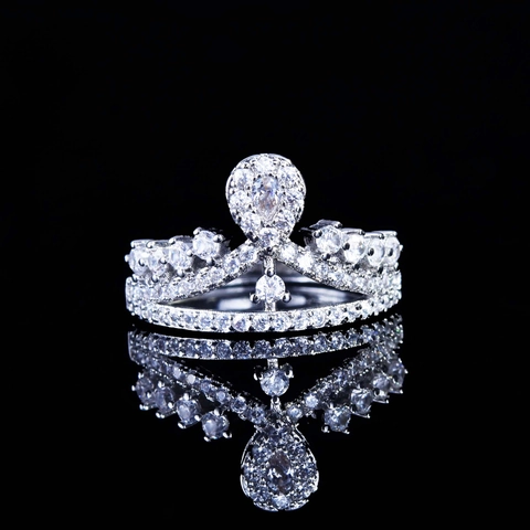 Luxury Copper Crown Ring For Women Silver Plated Pave Rhinestone Engagement Adjustable Open Ring Fashion Jewelry Gift